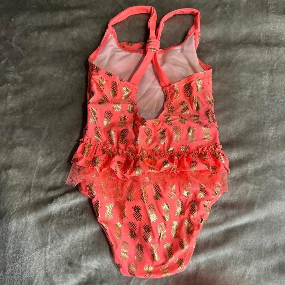 Real Love girls size 3T one piece swim suit coral gold pineapples ruffles